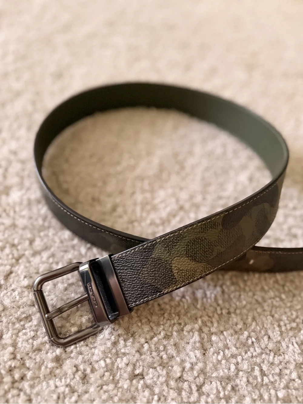 Coach Men’s Camouflage Print Leather Belt in Olive and Black
